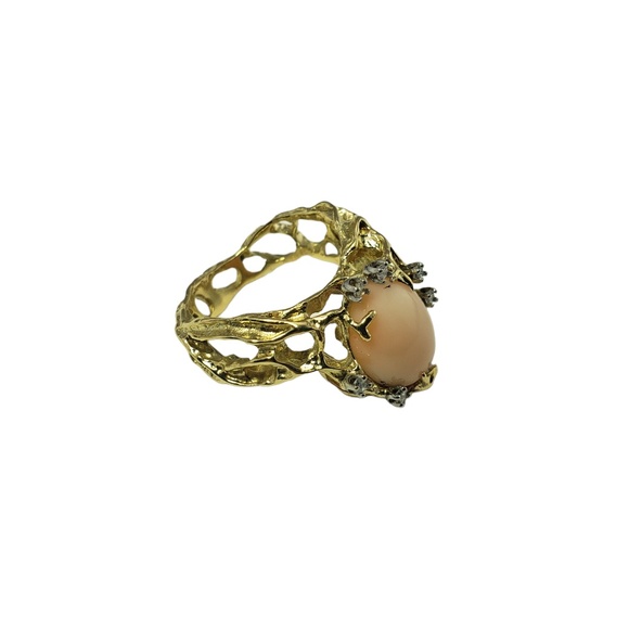 Vintage 18 Karat Yellow Gold Pink Cabochon Stone and Diamond #12969 - Picture 3 of 8